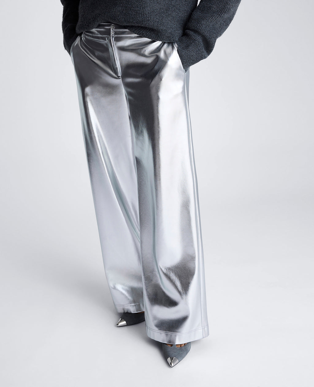 Vegan Metallic Fly Front Mid Rise Wide Leg Pant