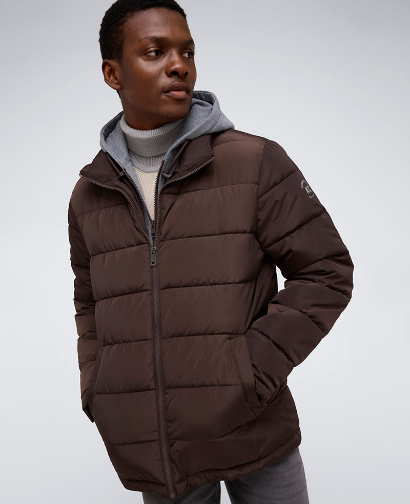 Kenneth Cole Puffer with Attached Jersey Hood in Chocolate